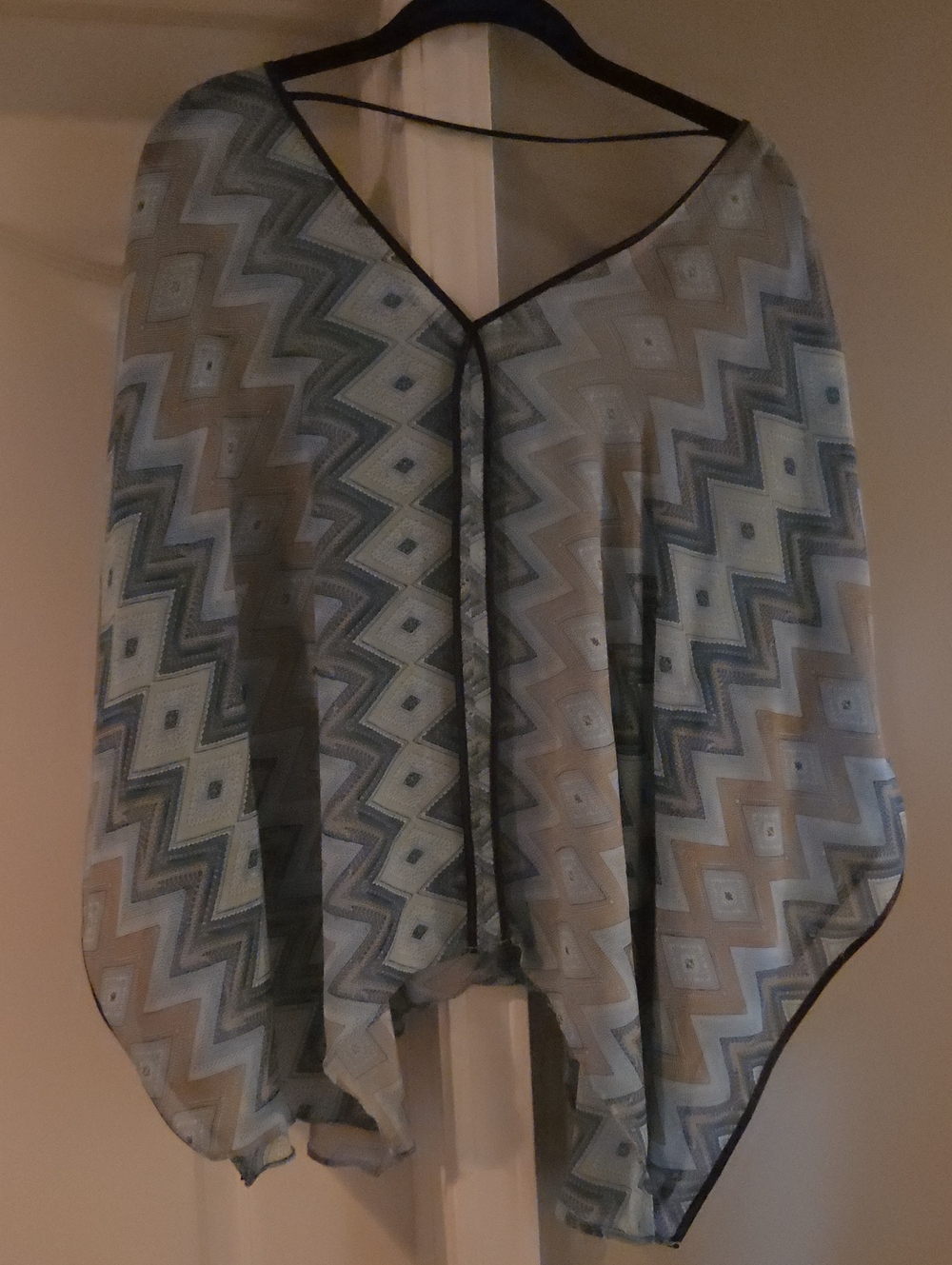 Blue and Beige Geometric V-Neck Women's Poncho Tunic